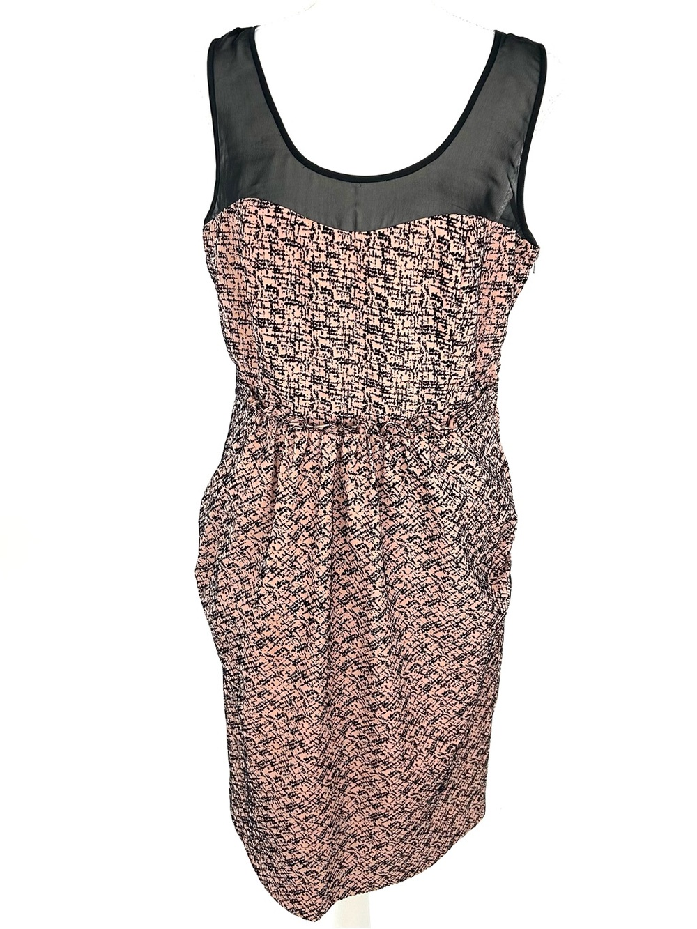 Moulinette Soeurs Pink Patterned Midi Dress with Black Mesh Yoke